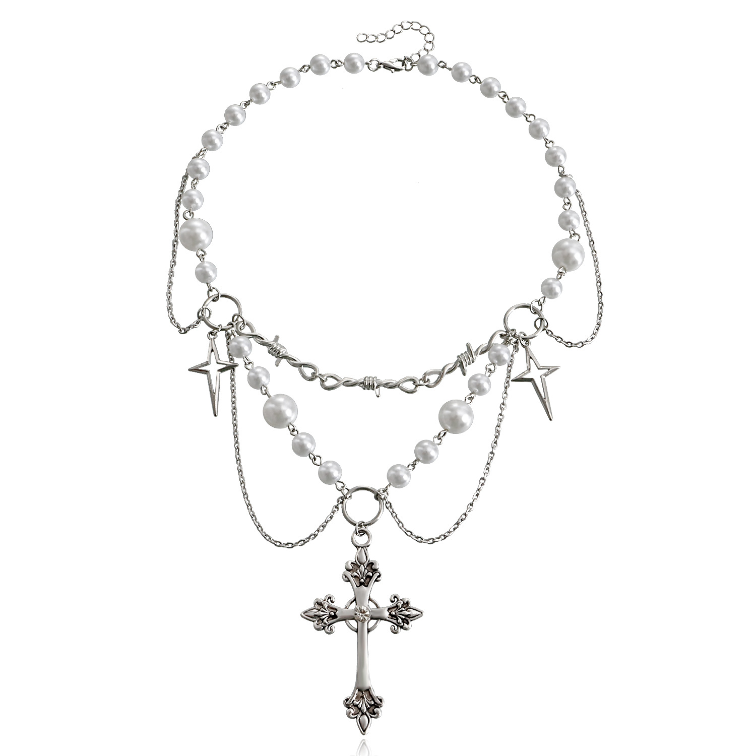 Double-Layer High-Gloss Pearl Tassel Cross Star Cross Necklace For Women