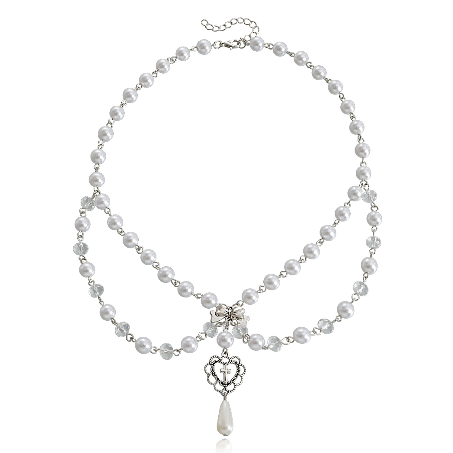 Double-Layer High-Gloss Pearl Tassel Cross Star Cross Necklace For Women