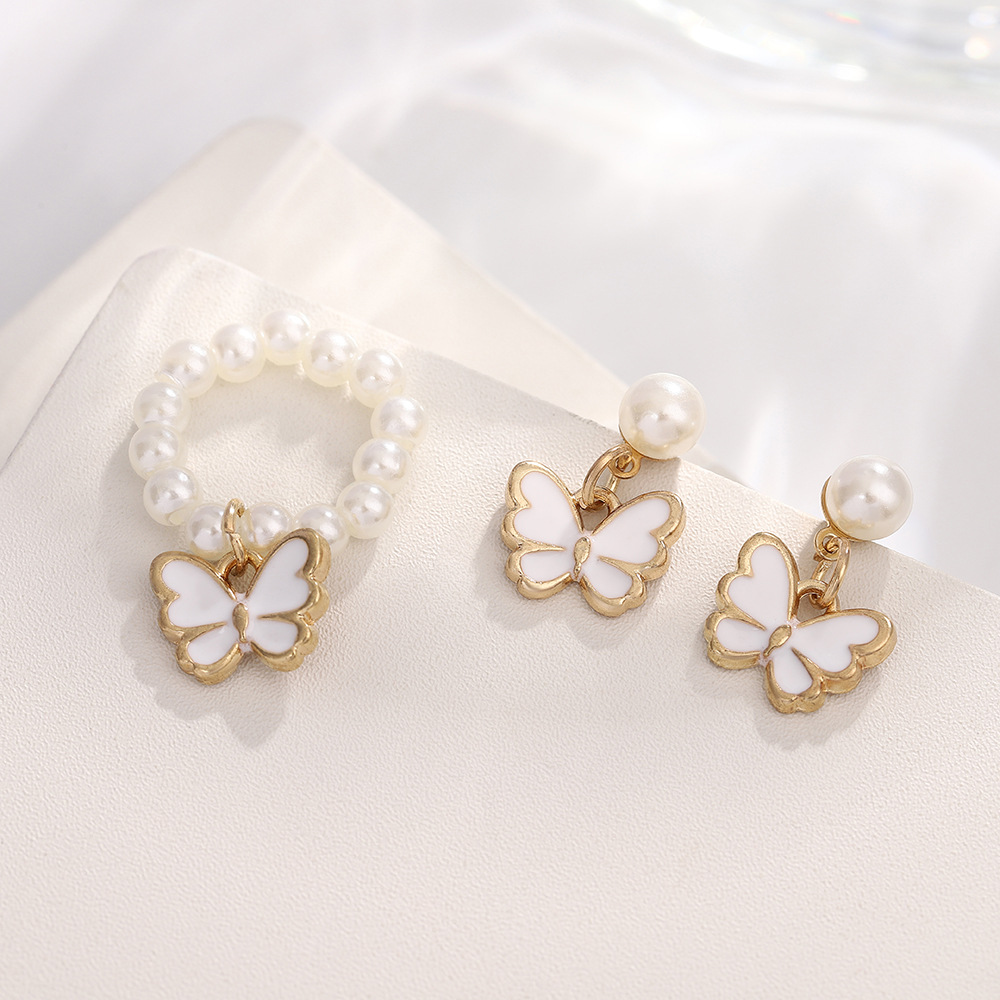 Pearl Butterfly Jewelry Set Oil Drop Butterfly Pendant Pearl Bracelet Earrings Necklace Girls Jewelry