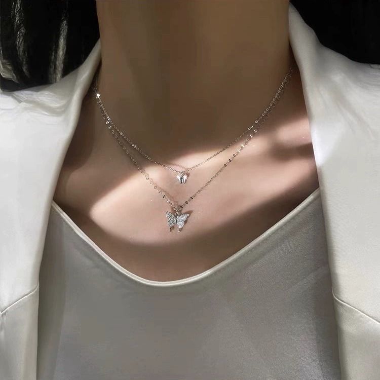 Double-layer Butterfly Necklace Female Necklace Niche Temperament Simple New Style Advanced Design Titanium Steel Does Not Fade