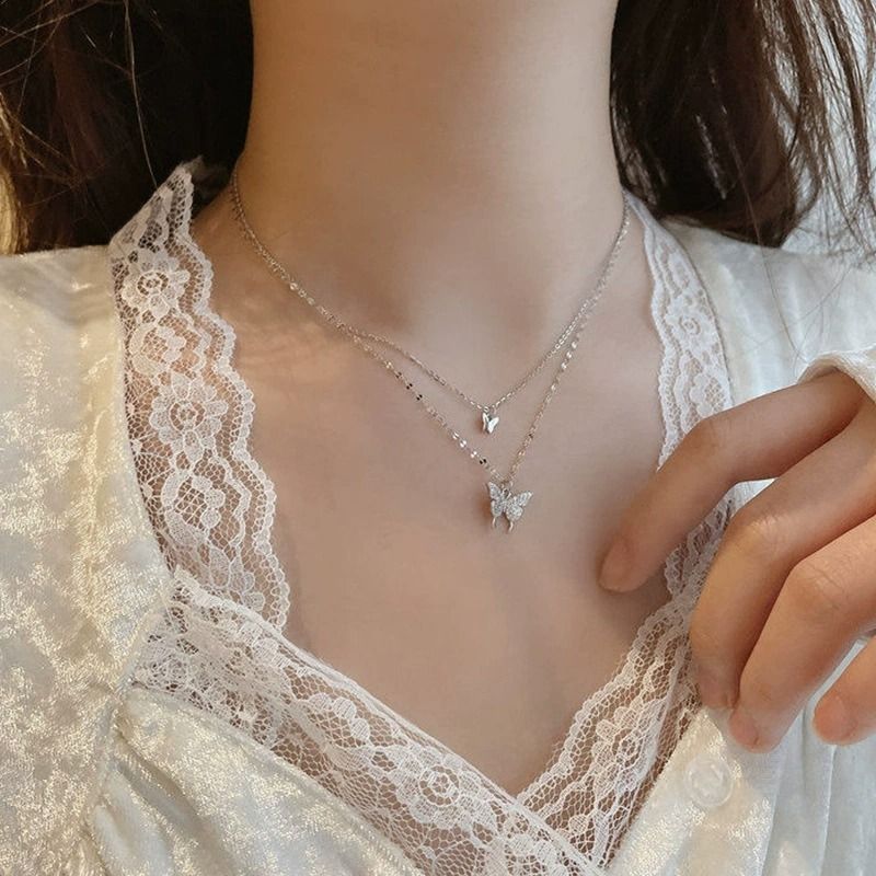 Double-layer Butterfly Necklace Female Necklace Niche Temperament Simple New Style Advanced Design Titanium Steel Does Not Fade