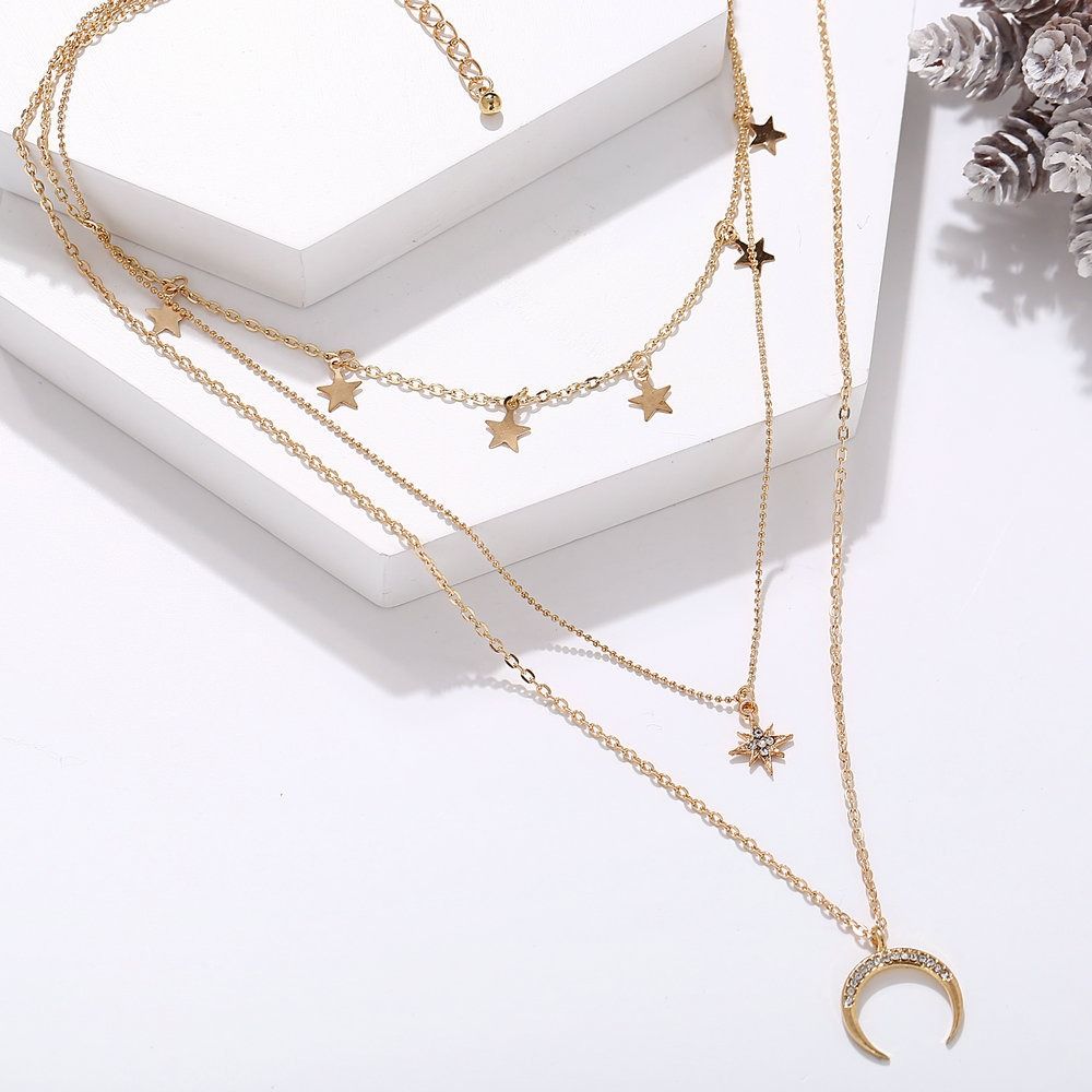 Pentagram Pendant Clavicle Necklace Creative Retro Simple Eight-pointed Star Crescent Three-layer Necklace