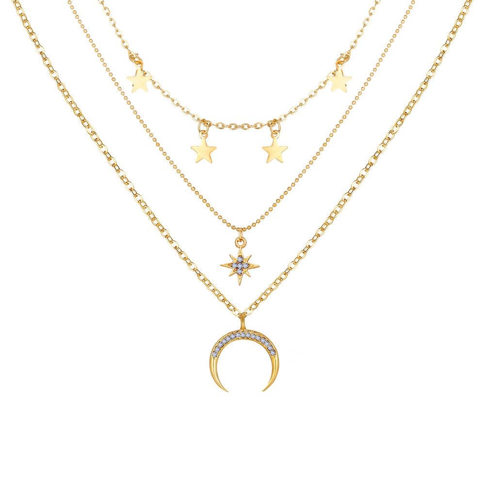 Pentagram Pendant Clavicle Necklace Creative Retro Simple Eight-pointed Star Crescent Three-layer Necklace