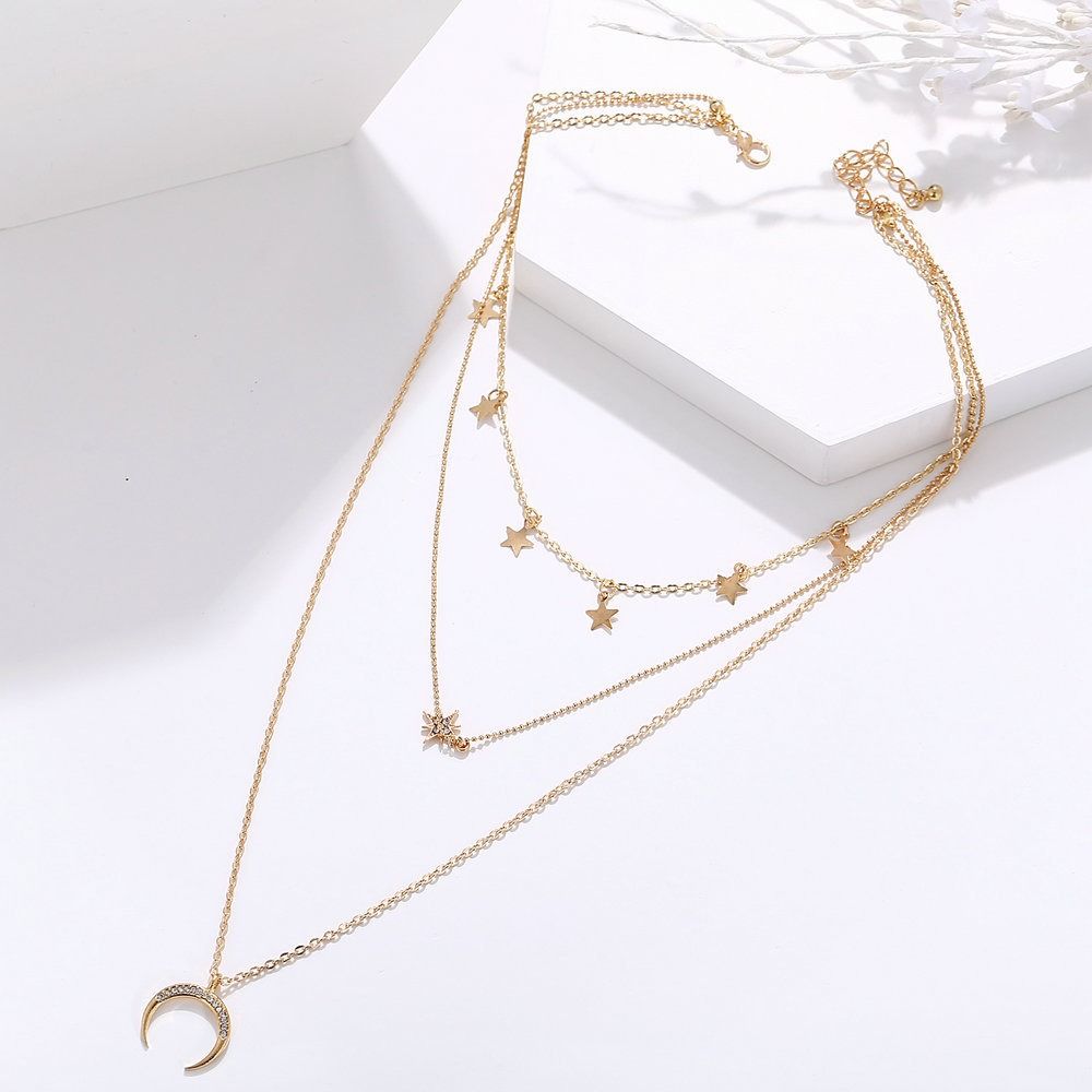 Pentagram Pendant Clavicle Necklace Creative Retro Simple Eight-pointed Star Crescent Three-layer Necklace