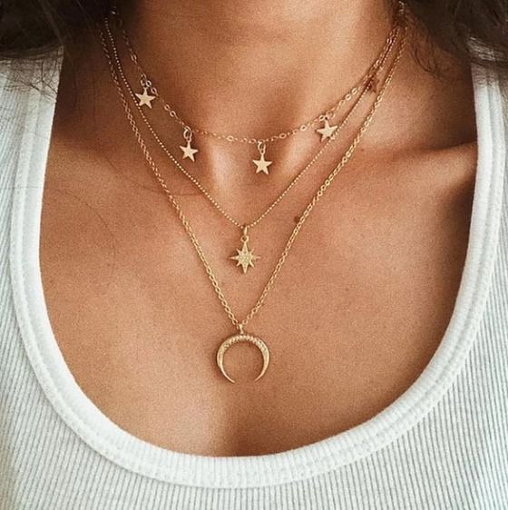 Pentagram Pendant Clavicle Necklace Creative Retro Simple Eight-pointed Star Crescent Three-layer Necklace