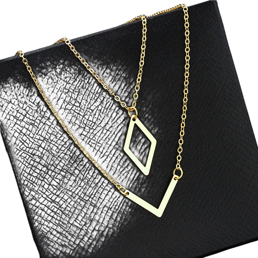 Creative Geometric V-Rhombus Necklace 2-Piece Set Stylish Simple Prism Pendant Sweater Chain Ladies