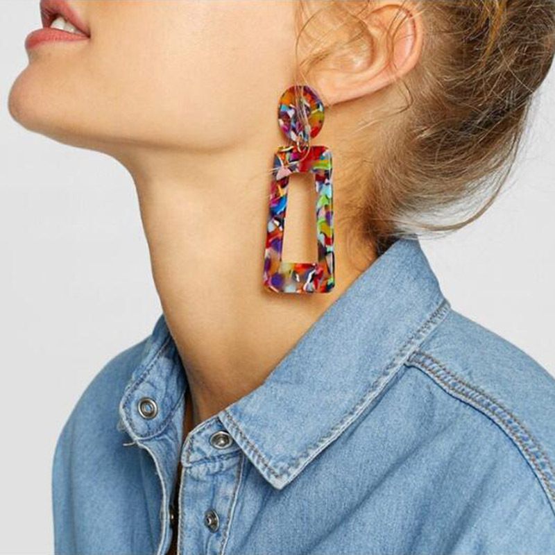 New Earrings Fashion Exaggerated Earrings Geometric Long Square Multi-Color Stud Earrings