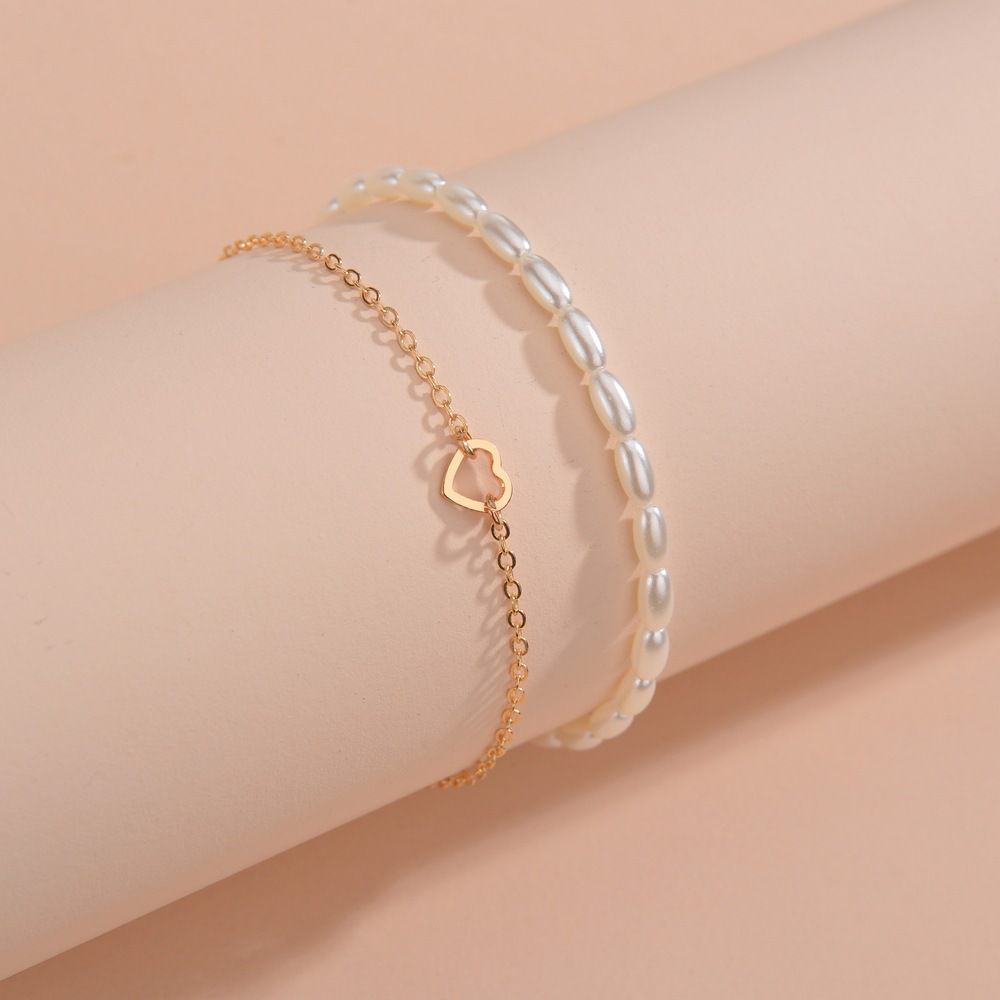 Fashion Summer Beach Vacation Wind Alloy Love Rice Grain Pearl Elastic Women'S Anklet 2-Piece Set