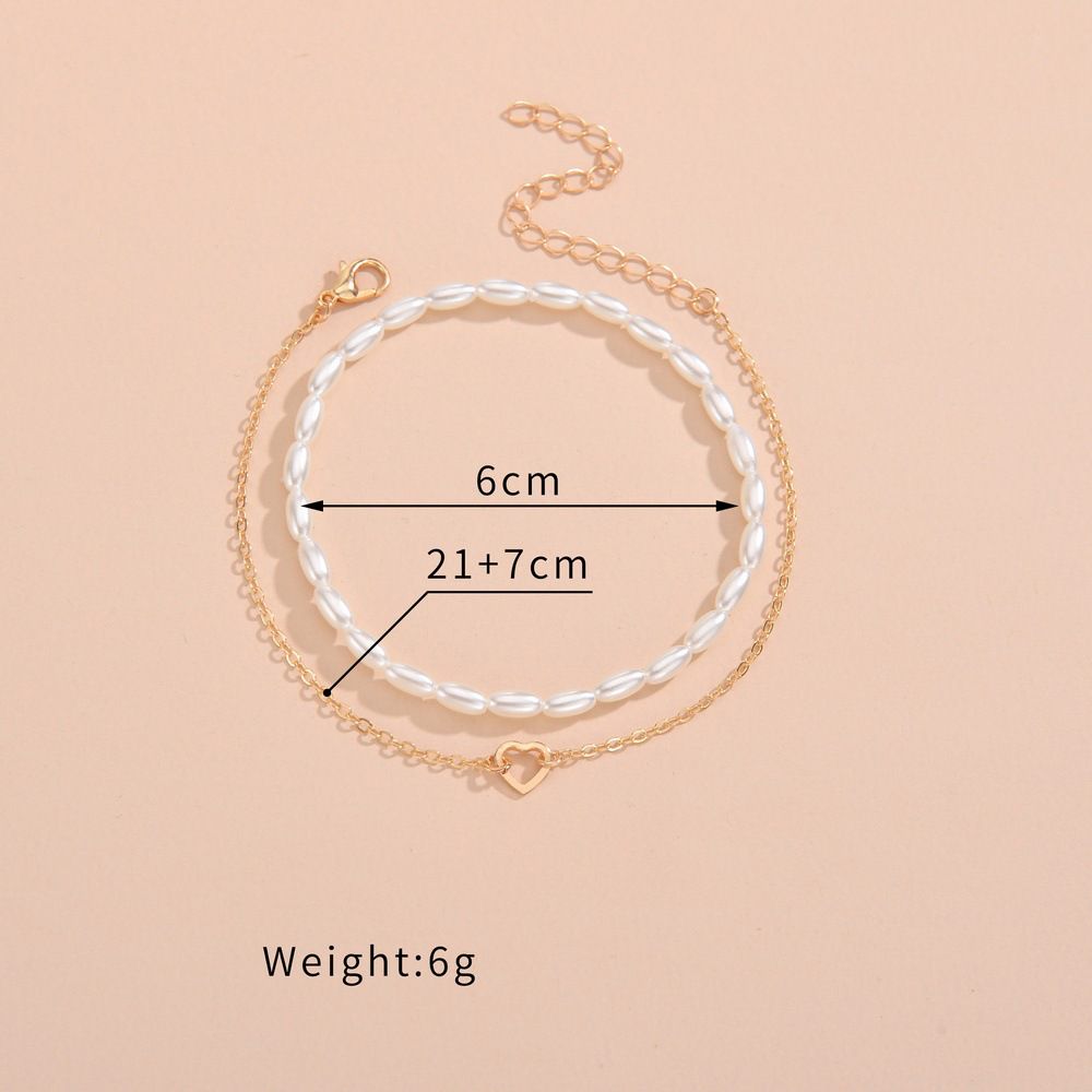 Fashion Summer Beach Vacation Wind Alloy Love Rice Grain Pearl Elastic Women'S Anklet 2-Piece Set