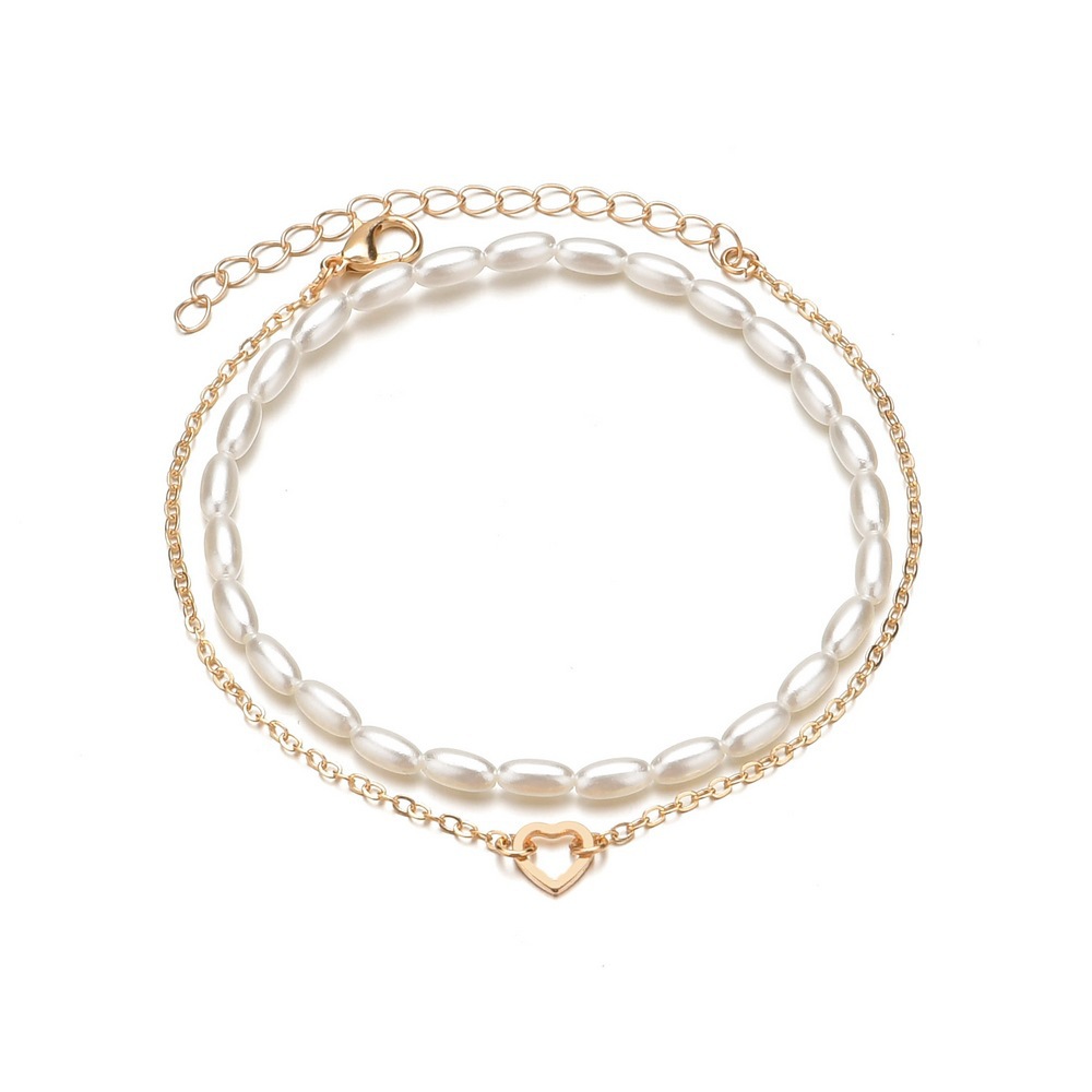 Fashion Summer Beach Vacation Wind Alloy Love Rice Grain Pearl Elastic Women'S Anklet 2-Piece Set