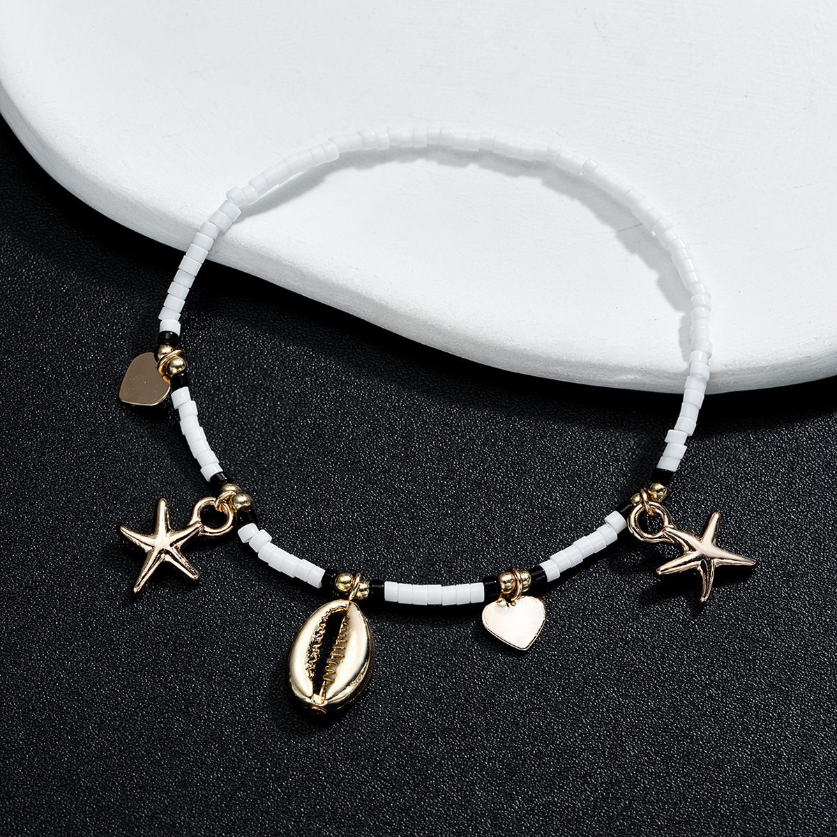 Fashion Vacation Wind Alloy Love Shell Starfish Pendant Rice Bead Elastic Women'S Anklet