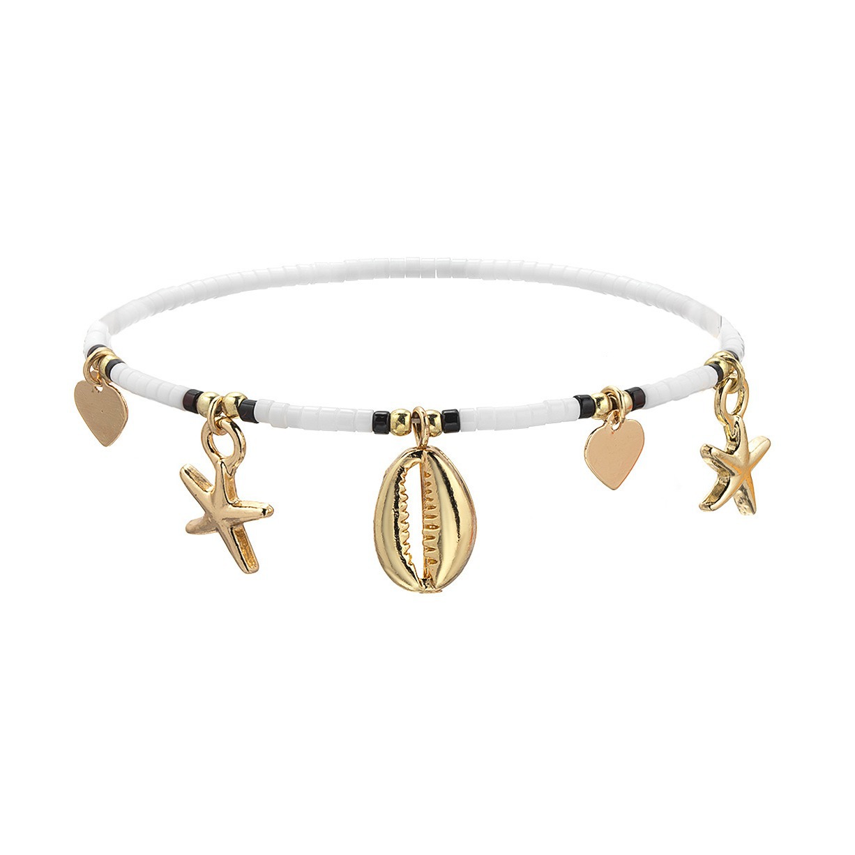 Fashion Vacation Wind Alloy Love Shell Starfish Pendant Rice Bead Elastic Women'S Anklet