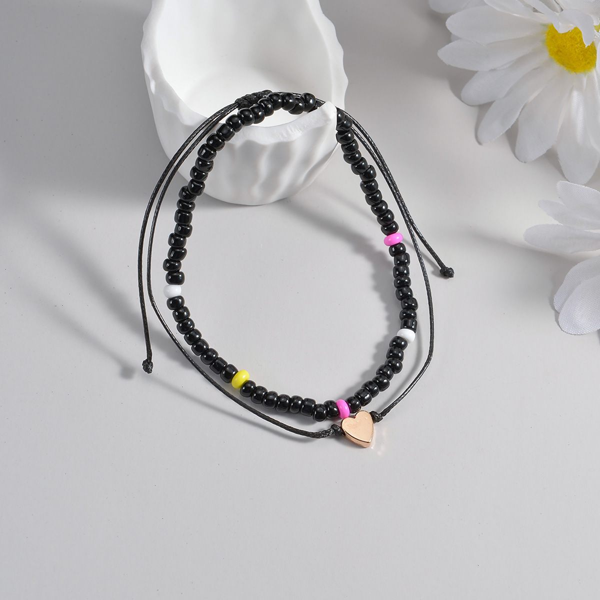 [2-Piece Set] Fashion Personalized Wind Beach Wind Alloy Love Rice Beads Waterproof Wax Thread Women'S Anklet 2-Piece Set