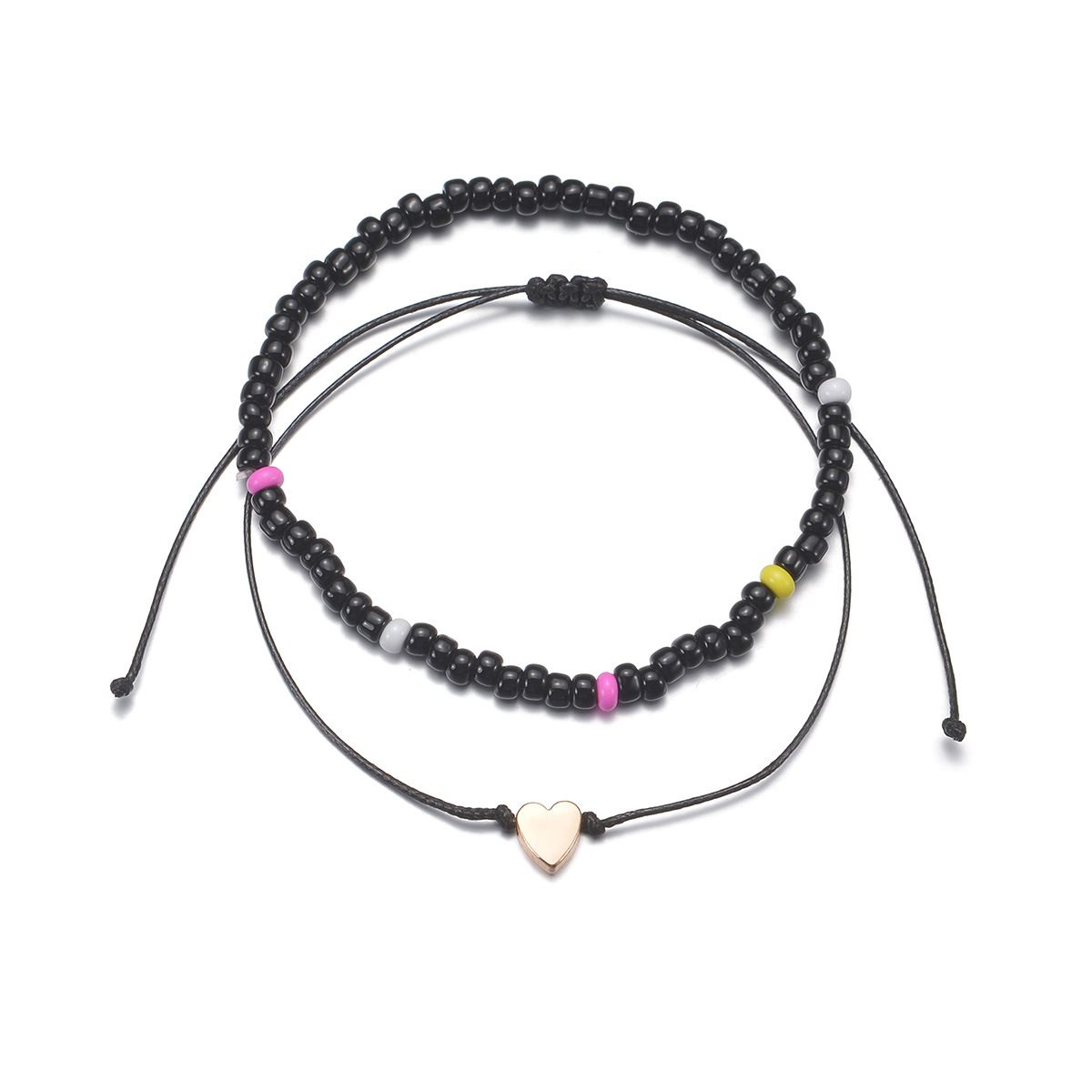 [2-Piece Set] Fashion Personalized Wind Beach Wind Alloy Love Rice Beads Waterproof Wax Thread Women'S Anklet 2-Piece Set