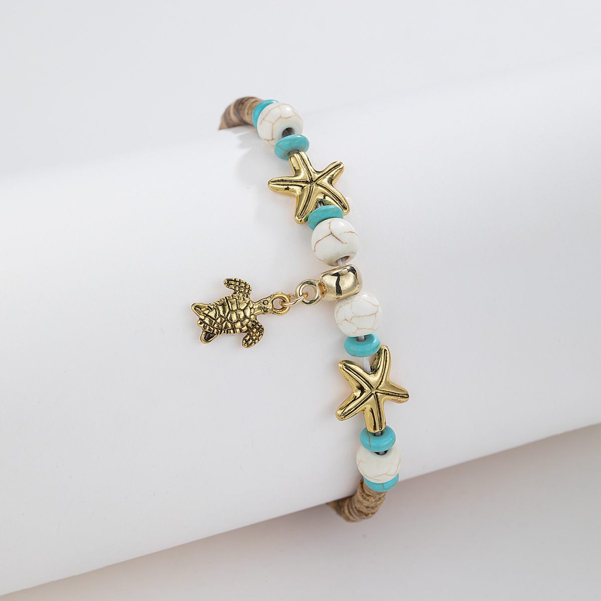 Fashion Ocean Wind Alloy Turtle Pendant Starfish Coconut Shell Turquoise Beaded Handwoven Elastic Ladies Anklet