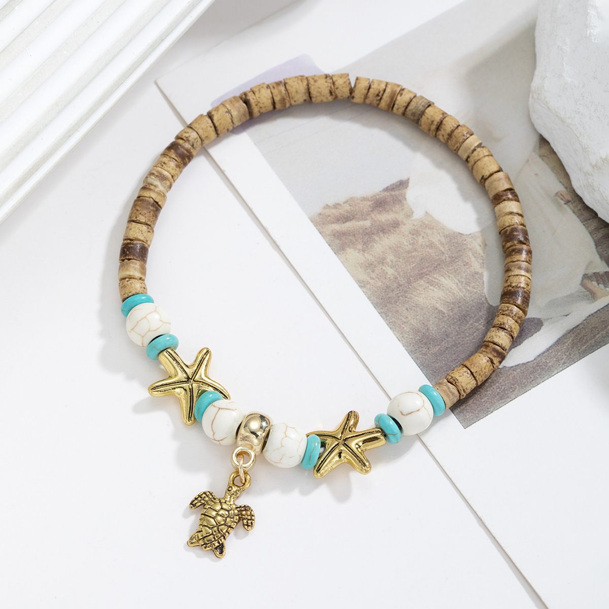 Fashion Ocean Wind Alloy Turtle Pendant Starfish Coconut Shell Turquoise Beaded Handwoven Elastic Ladies Anklet