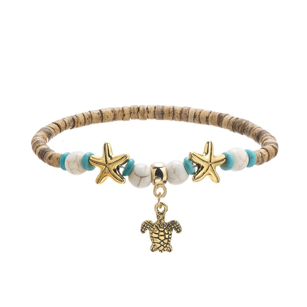 Fashion Ocean Wind Alloy Turtle Pendant Starfish Coconut Shell Turquoise Beaded Handwoven Elastic Ladies Anklet