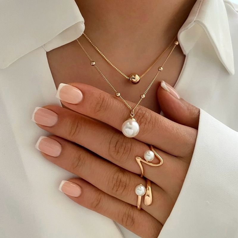Europe And The United States Hot-Selling Light Luxury High-End Niche Round Beads Pearl Line Ring Necklace Set Four-Piece Set