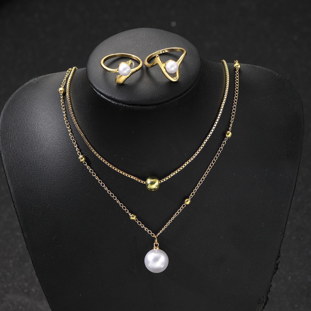 Europe And The United States Hot-Selling Light Luxury High-End Niche Round Beads Pearl Line Ring Necklace Set Four-Piece Set