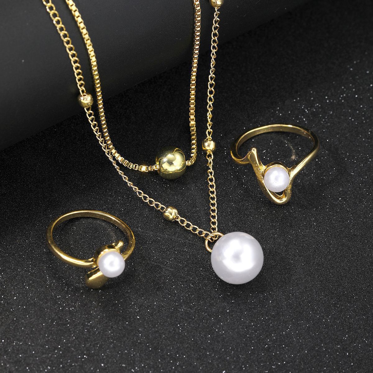 Europe And The United States Hot-Selling Light Luxury High-End Niche Round Beads Pearl Line Ring Necklace Set Four-Piece Set