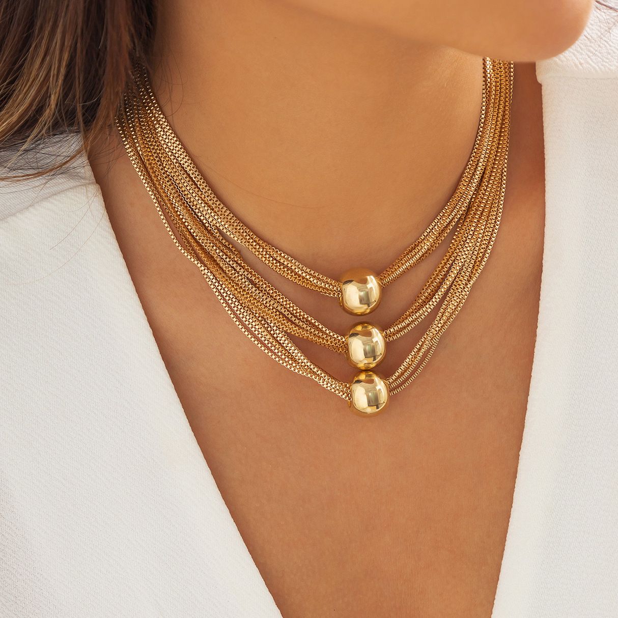 Exaggerated Metal Ball Pendant Necklace, Personalized Multi-Layer Box Chain Retro Necklace For Women