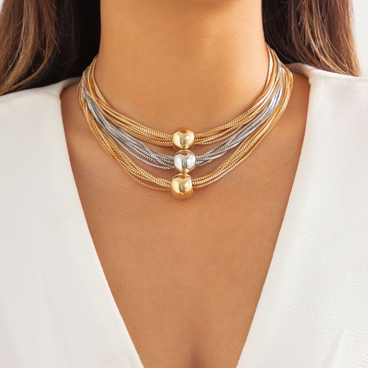 Exaggerated Metal Ball Pendant Necklace, Personalized Multi-Layer Box Chain Retro Necklace For Women
