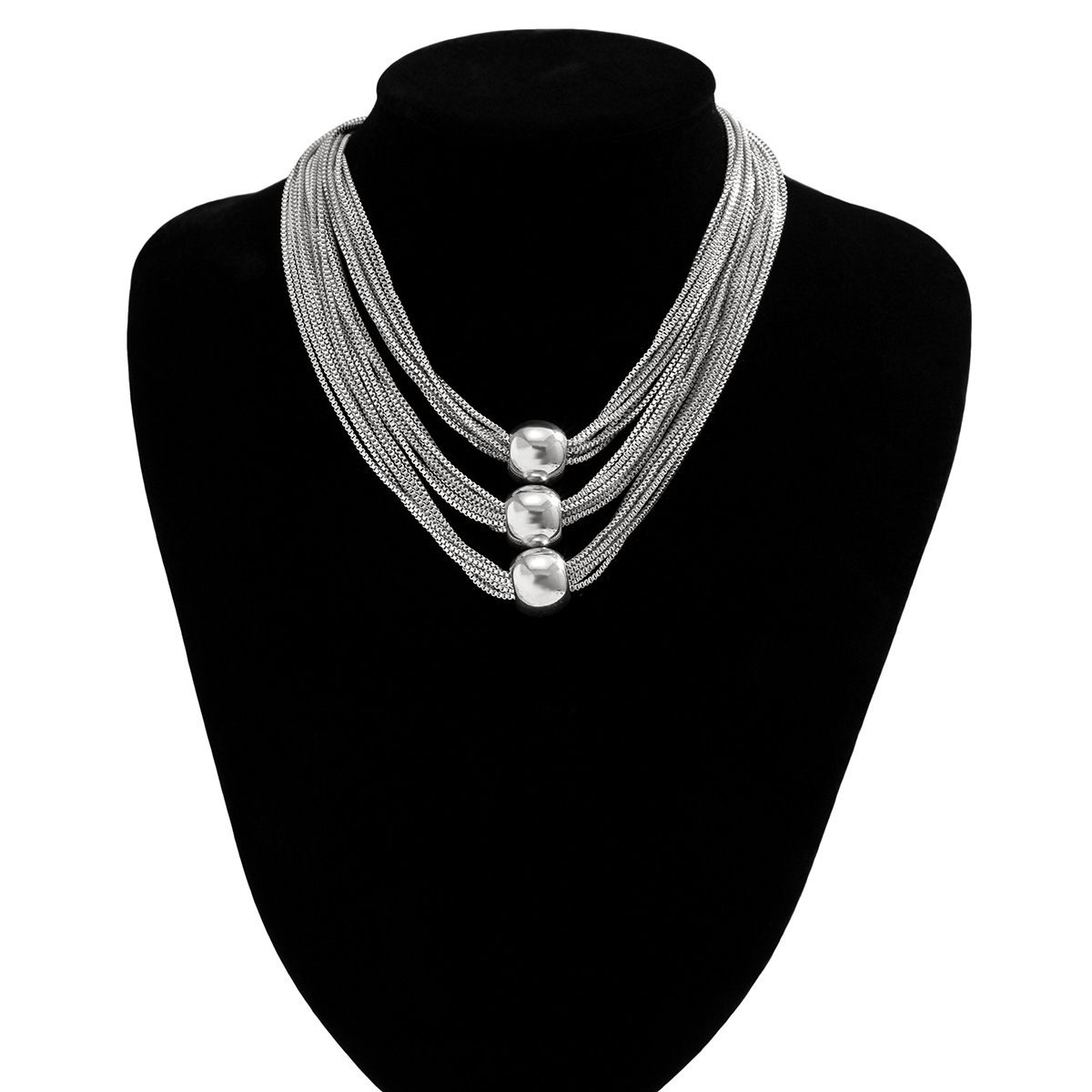 Exaggerated Metal Ball Pendant Necklace, Personalized Multi-Layer Box Chain Retro Necklace For Women