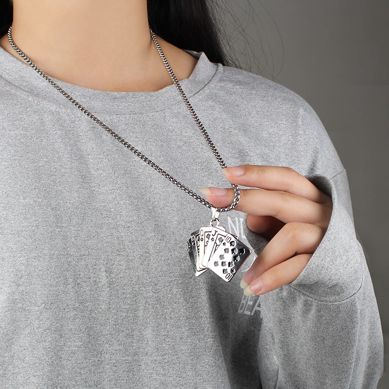 European And American Trendy Flush Playing Card Necklace Titanium Gang Hip Hop Neck Chain Earth Cool Dancing Men'S Couple Pendant