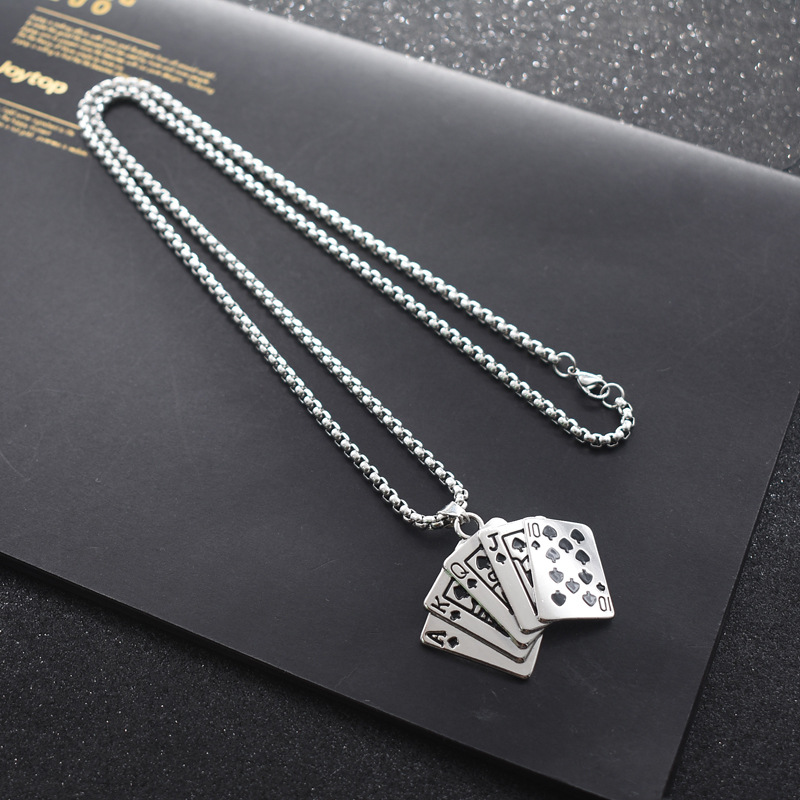 European And American Trendy Flush Playing Card Necklace Titanium Gang Hip Hop Neck Chain Earth Cool Dancing Men'S Couple Pendant