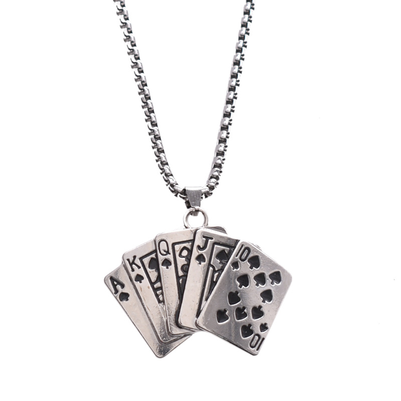 European And American Trendy Flush Playing Card Necklace Titanium Gang Hip Hop Neck Chain Earth Cool Dancing Men'S Couple Pendant