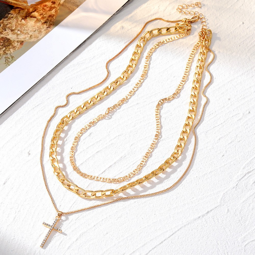 Fashion Multi-Layer Diamond-Encrusted Cross Pendant Necklace Women, Retro Personalized Chain Necklace