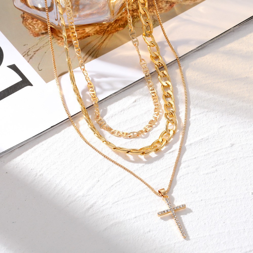 Fashion Multi-Layer Diamond-Encrusted Cross Pendant Necklace Women, Retro Personalized Chain Necklace