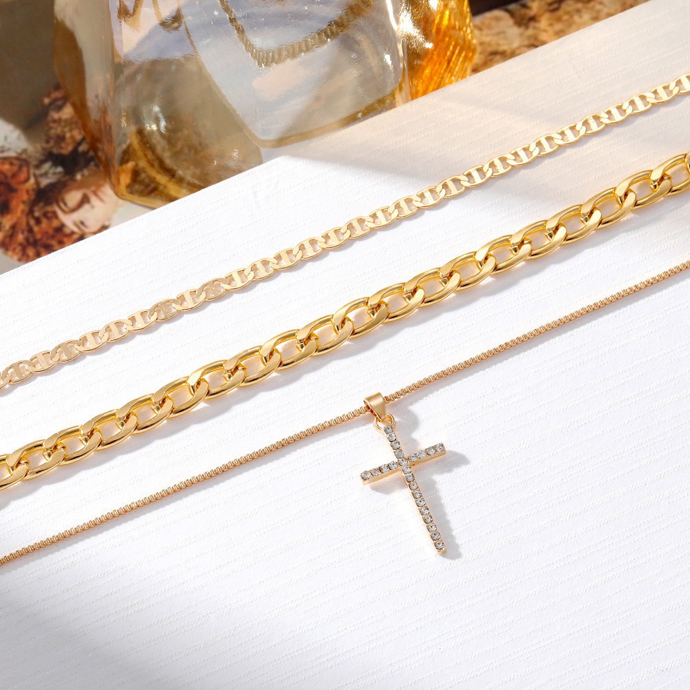 Fashion Multi-Layer Diamond-Encrusted Cross Pendant Necklace Women, Retro Personalized Chain Necklace