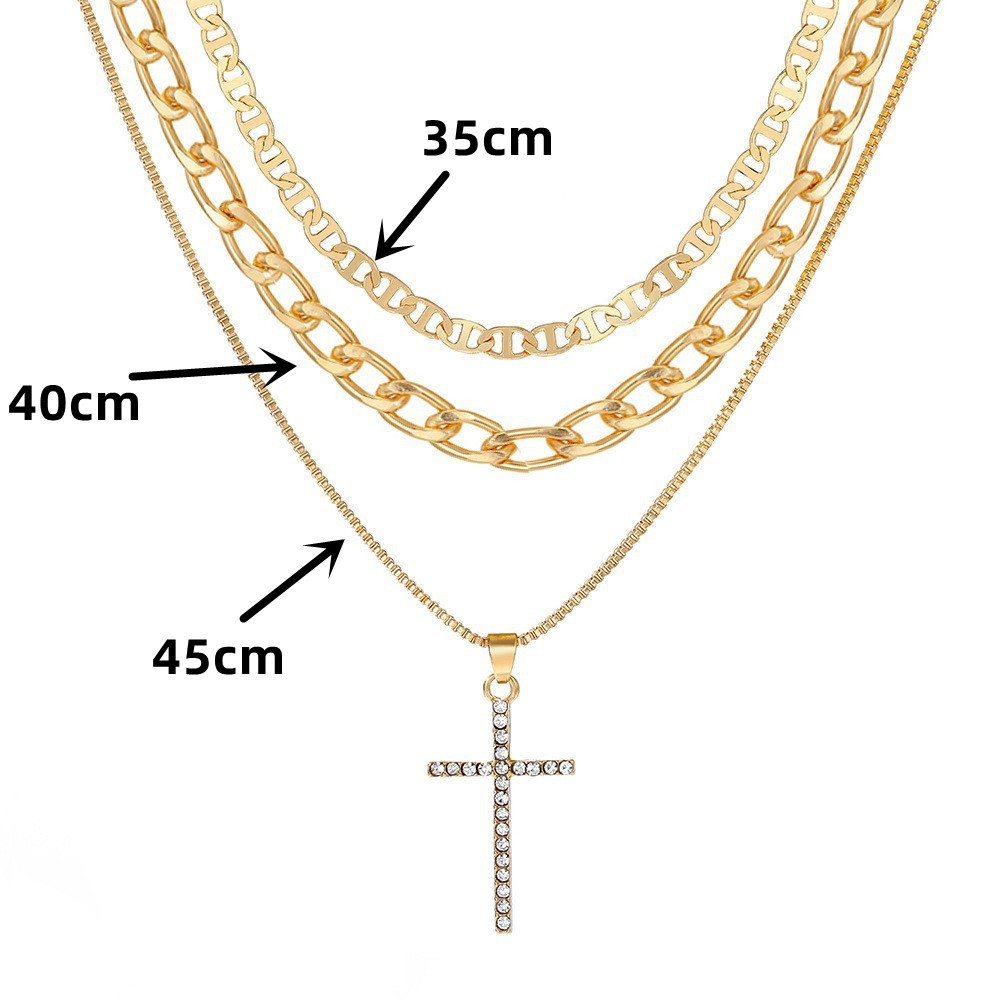Fashion Multi-Layer Diamond-Encrusted Cross Pendant Necklace Women, Retro Personalized Chain Necklace