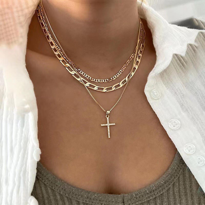 Fashion Multi-Layer Diamond-Encrusted Cross Pendant Necklace Women, Retro Personalized Chain Necklace