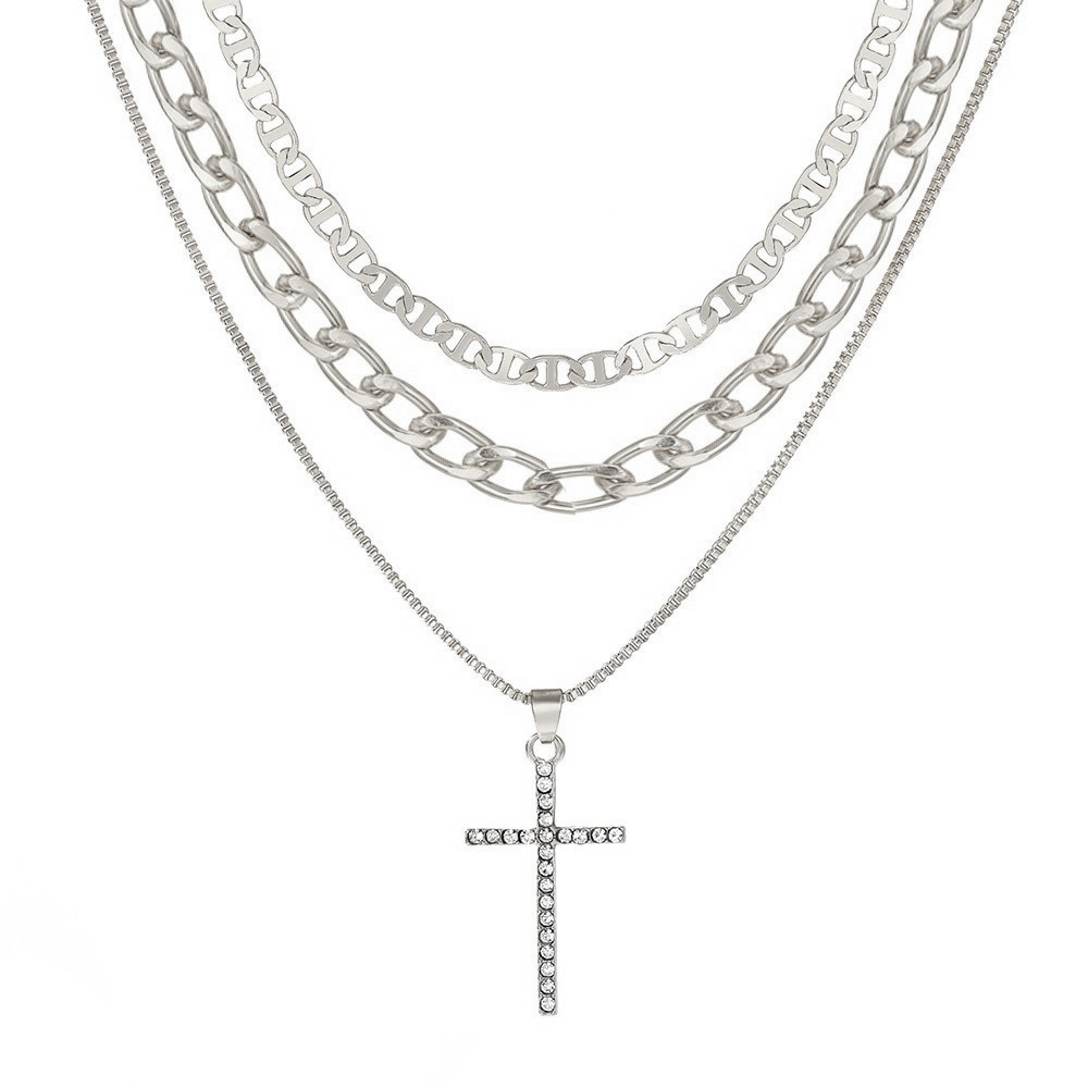 Fashion Multi-Layer Diamond-Encrusted Cross Pendant Necklace Women, Retro Personalized Chain Necklace