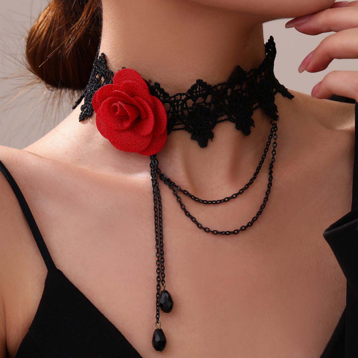 New European And American Cross-Border Fashion Personality Christmas Red Flower Lace Necklace Retro Black Gothic Collarbone