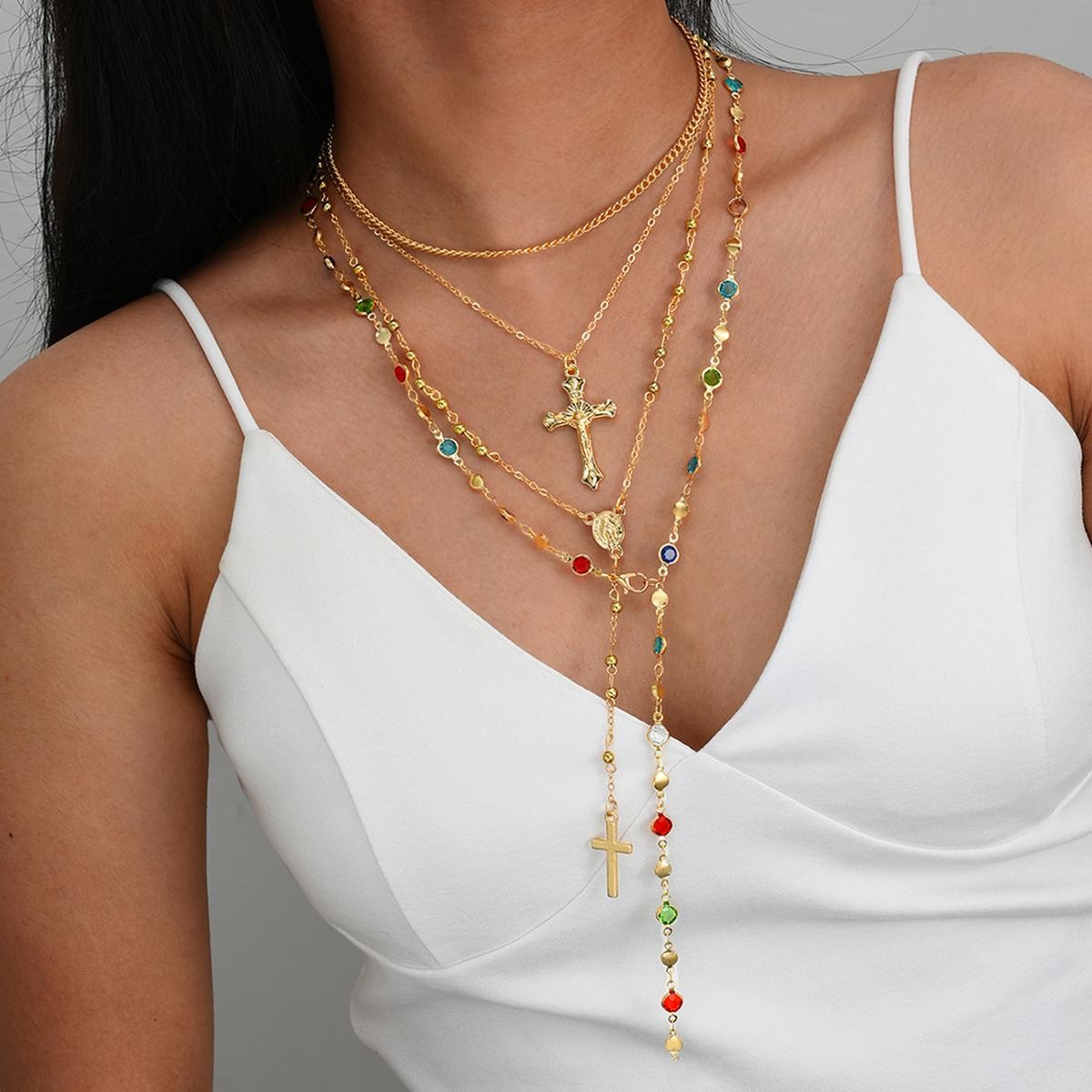 Hot-Selling Fashion Creative Diamond-Encrusted Cross Pendant Necklace Women'S Premium Fringed Chain Stacked Collarbone Chain