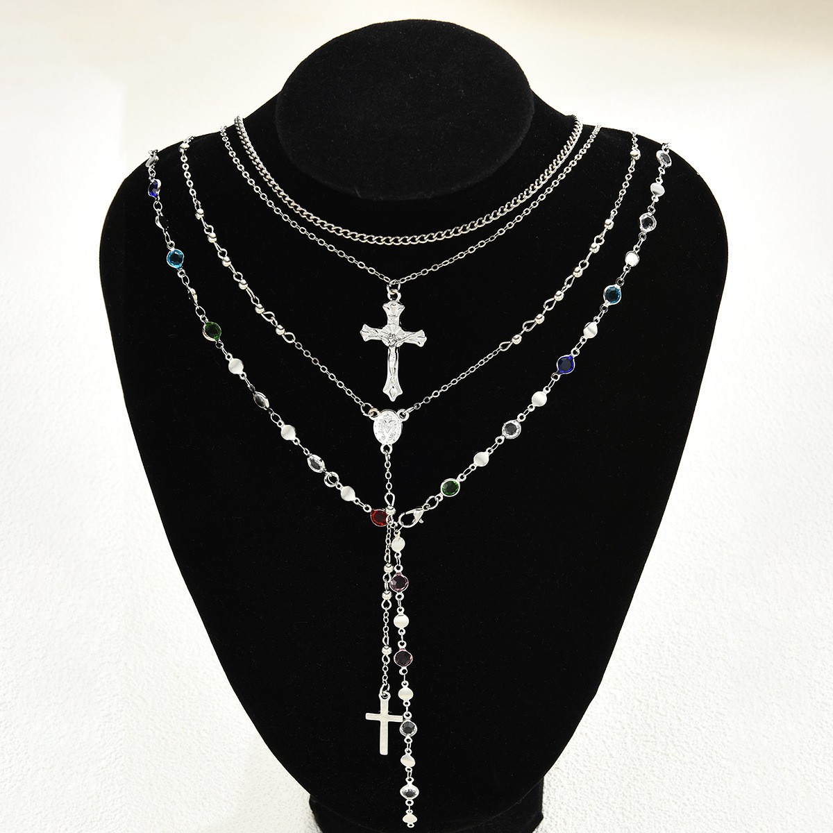 Hot-Selling Fashion Creative Diamond-Encrusted Cross Pendant Necklace Women'S Premium Fringed Chain Stacked Collarbone Chain