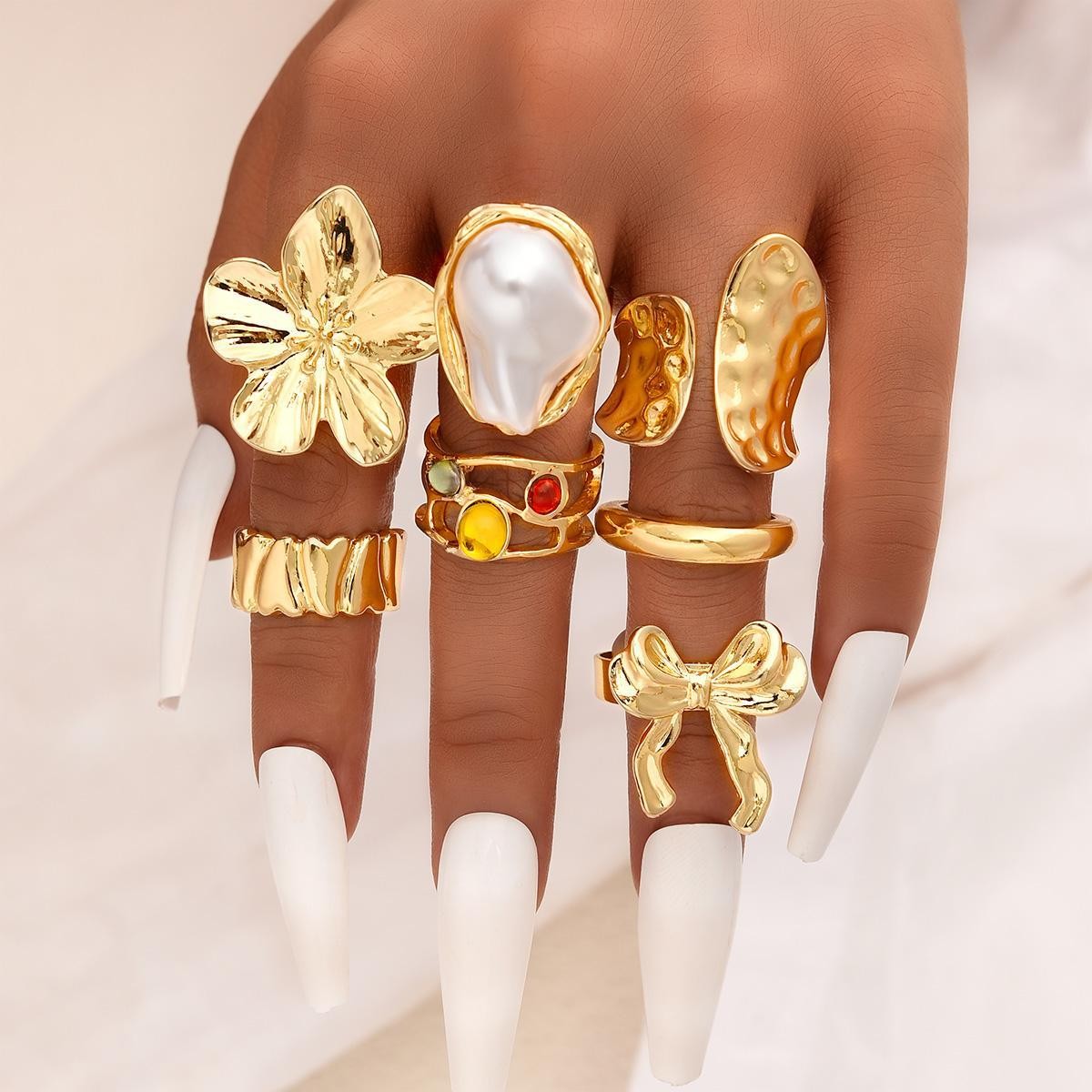 [7-Piece Set] Personalized Metal Flower Irregular Opening Ring Set 7-Piece Ring Female