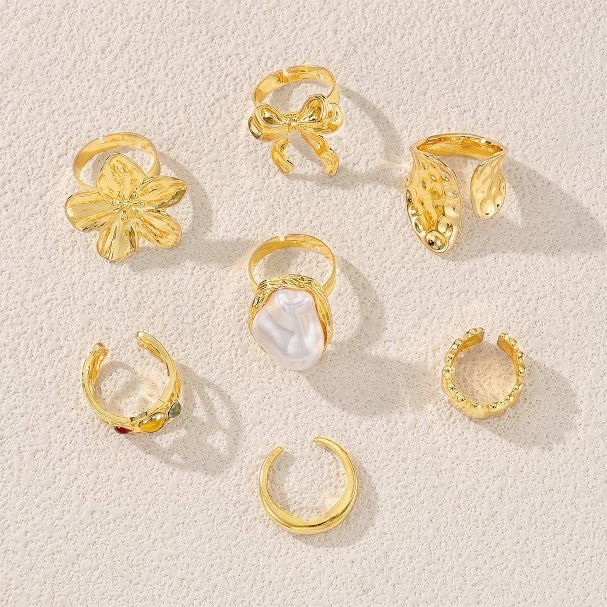 [7-Piece Set] Personalized Metal Flower Irregular Opening Ring Set 7-Piece Ring Female