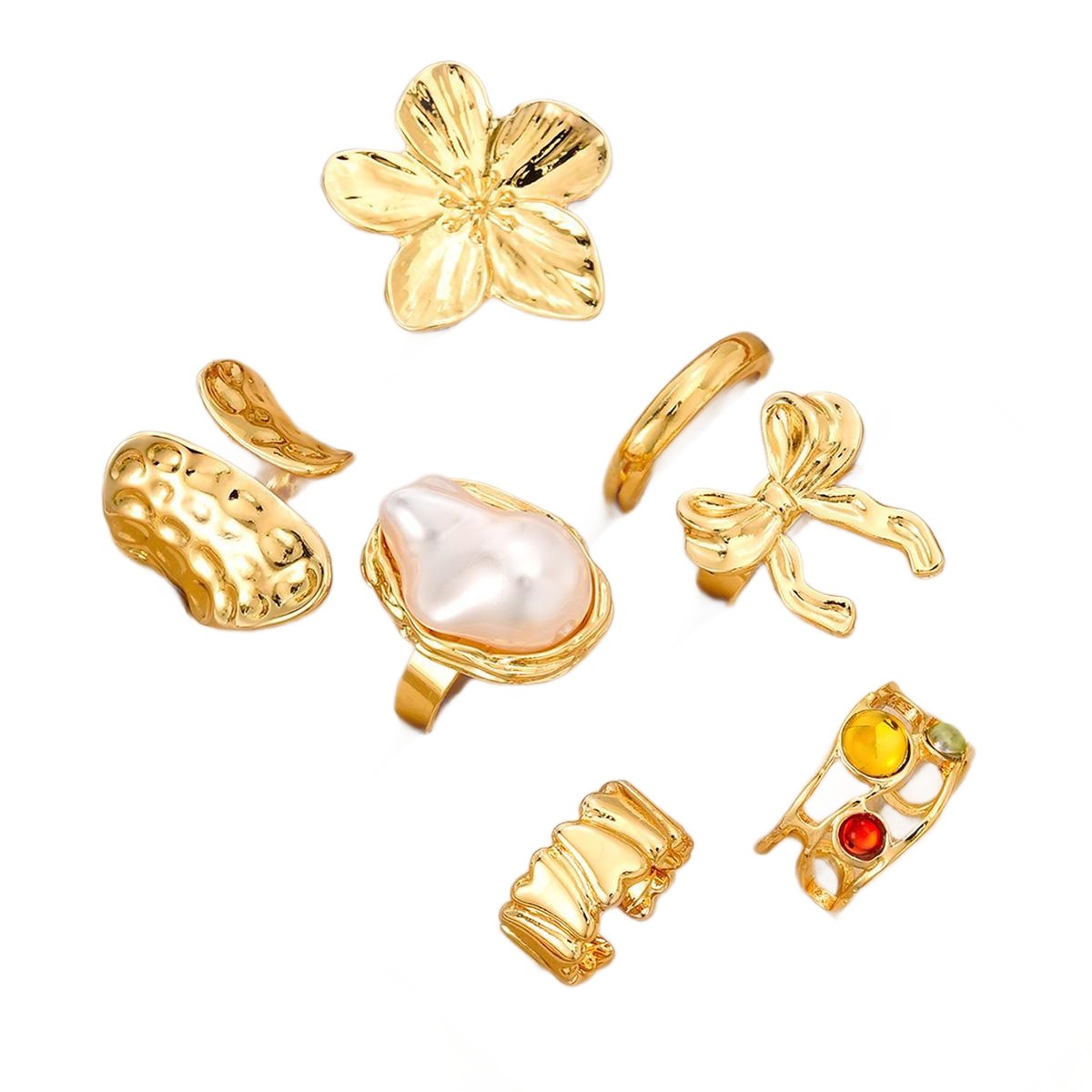 [7-Piece Set] Personalized Metal Flower Irregular Opening Ring Set 7-Piece Ring Female