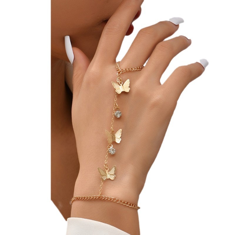 Pentagram Butterfly Sequined Chain Ring With Finger Bracelet Hand Jewelry Manufacturer