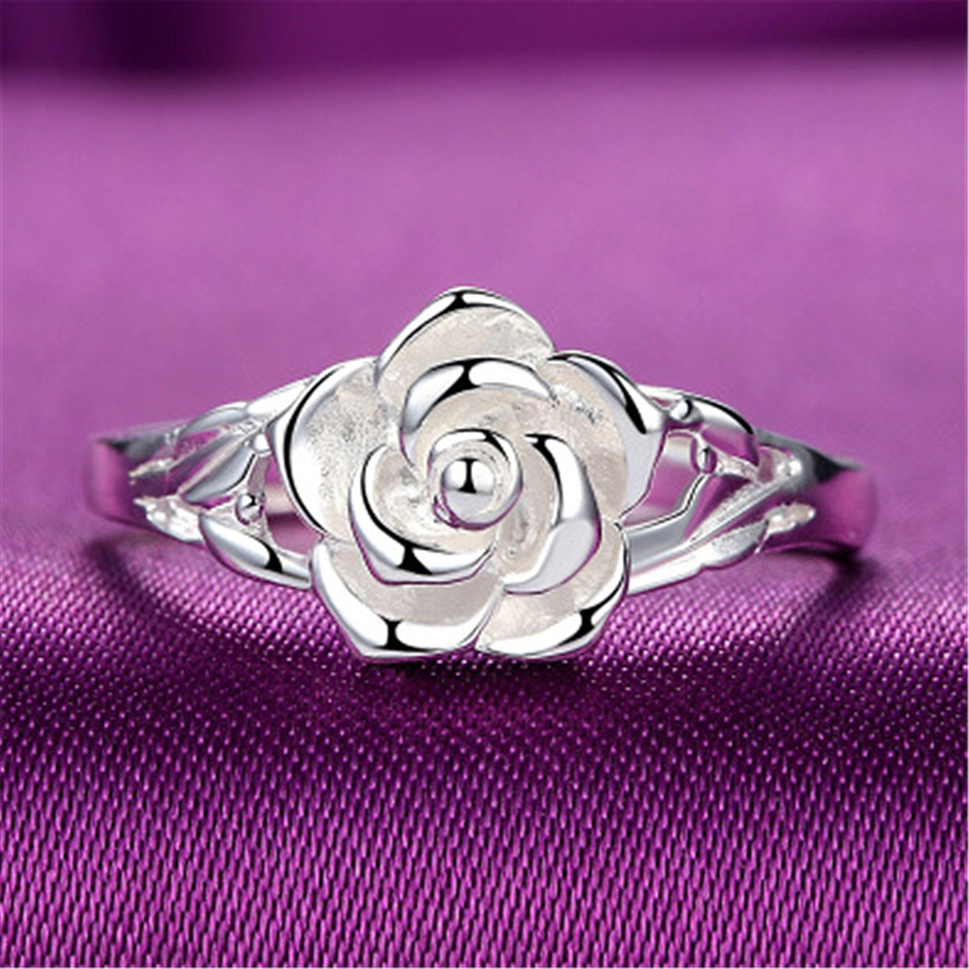 Silver Plated Rose Ring Temperament Silver Live Ring Ladies Fashion Ring Open Flower Ring Now