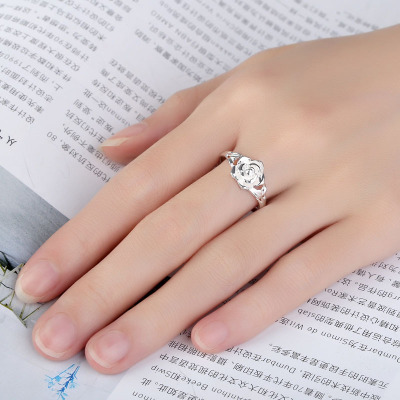 Silver Plated Rose Ring Temperament Silver Live Ring Ladies Fashion Ring Open Flower Ring Now