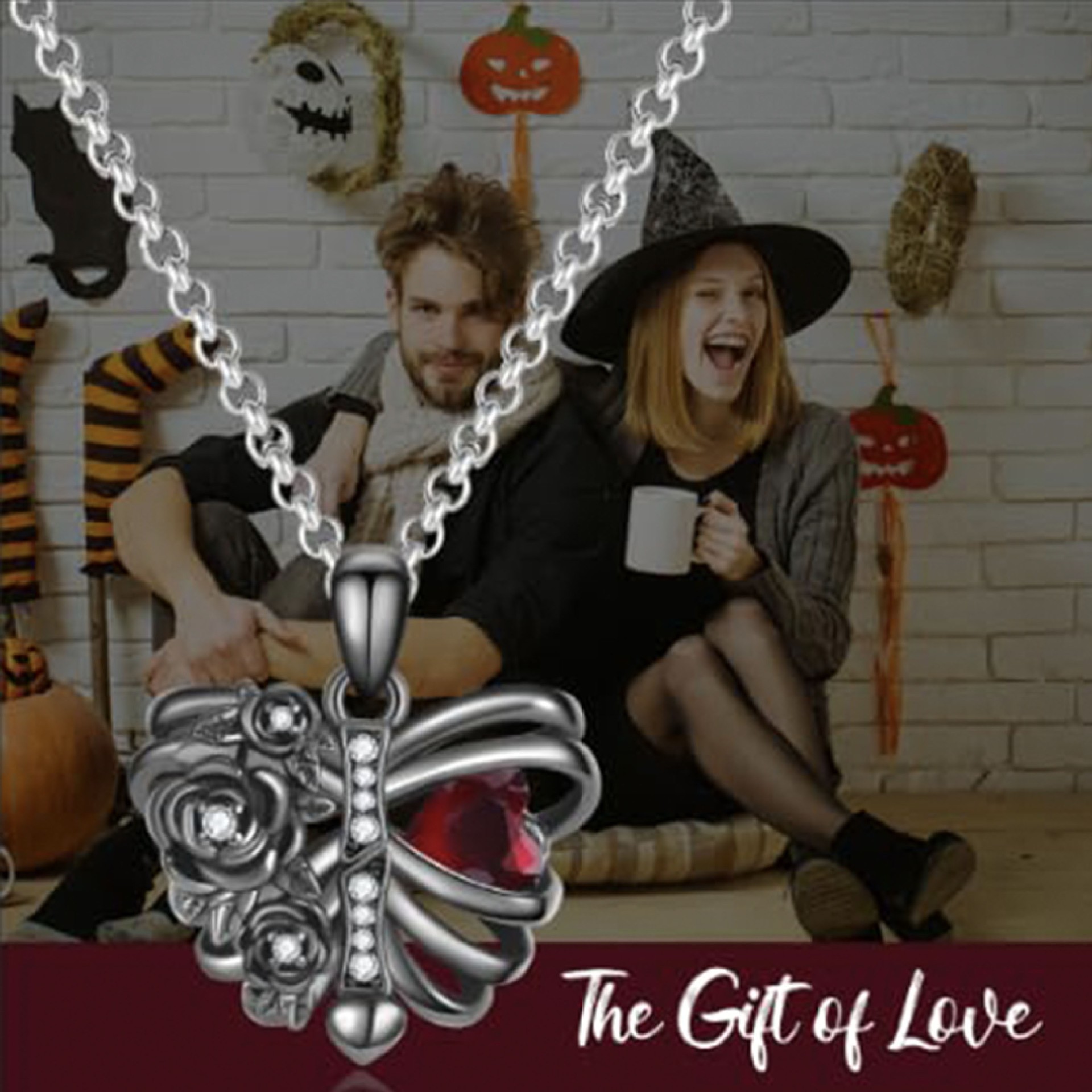 Dark Punk Black Necklace Black Rib Flower Peach Heart Diamond Pendant Female