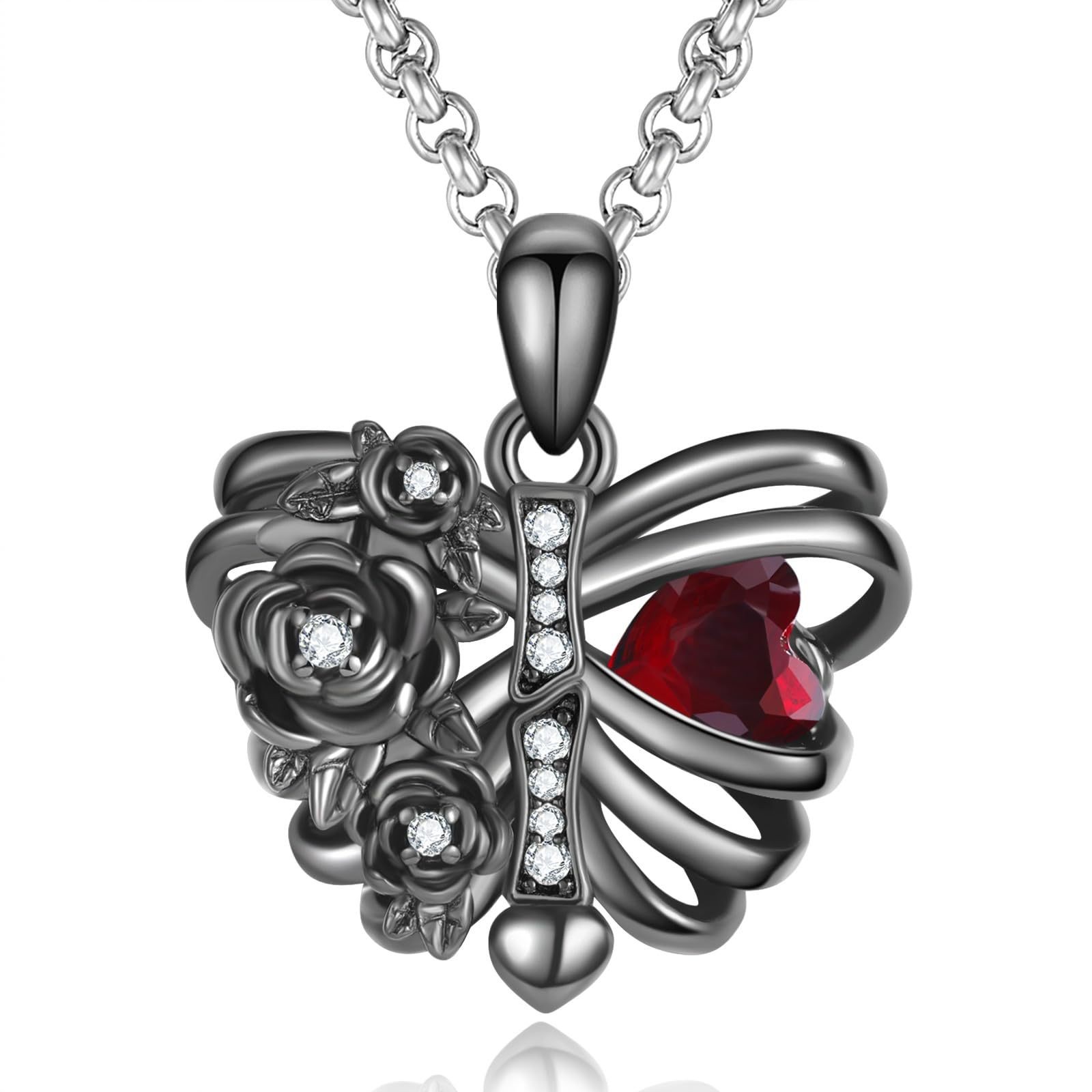 Dark Punk Black Necklace Black Rib Flower Peach Heart Diamond Pendant Female