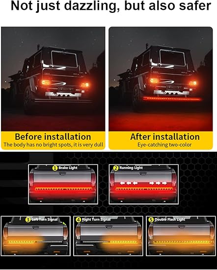 LED Pickup Truck Tail Light Strip, Truck Tailgate Dynamic Light Bar, 60" Flexible Flowing drl Strip Bar with Red Brake Amber Turning Signals Strobe Lights