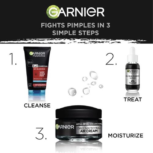 Garnier Acne Control Routine Kit: Pure Active 3 in 1 Charcoal Wash, Scrub, Mask 150ml+ AHA+BHA Charcoal Serum 30ml+ Mattifying Air Cream 50ml