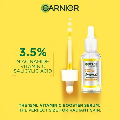 Garnier Even & Bright Vitamin C Brightening Booster Face Serum - Corrects Dark Spots with 3.5% Niacinamide + Vitamin C & Salicylic Acid, 15ml